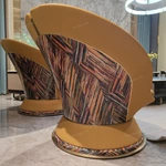 Mustard Yellow Leather Leisure Chair with Woven Seat and Colorful Geometric Back Panel